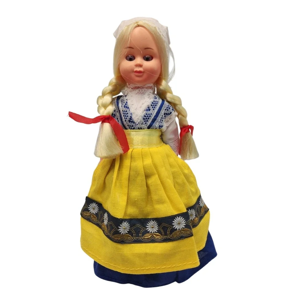 Vintage Girl Doll Braided Blonde Hair Folk Dress 7in Plastic Collectible